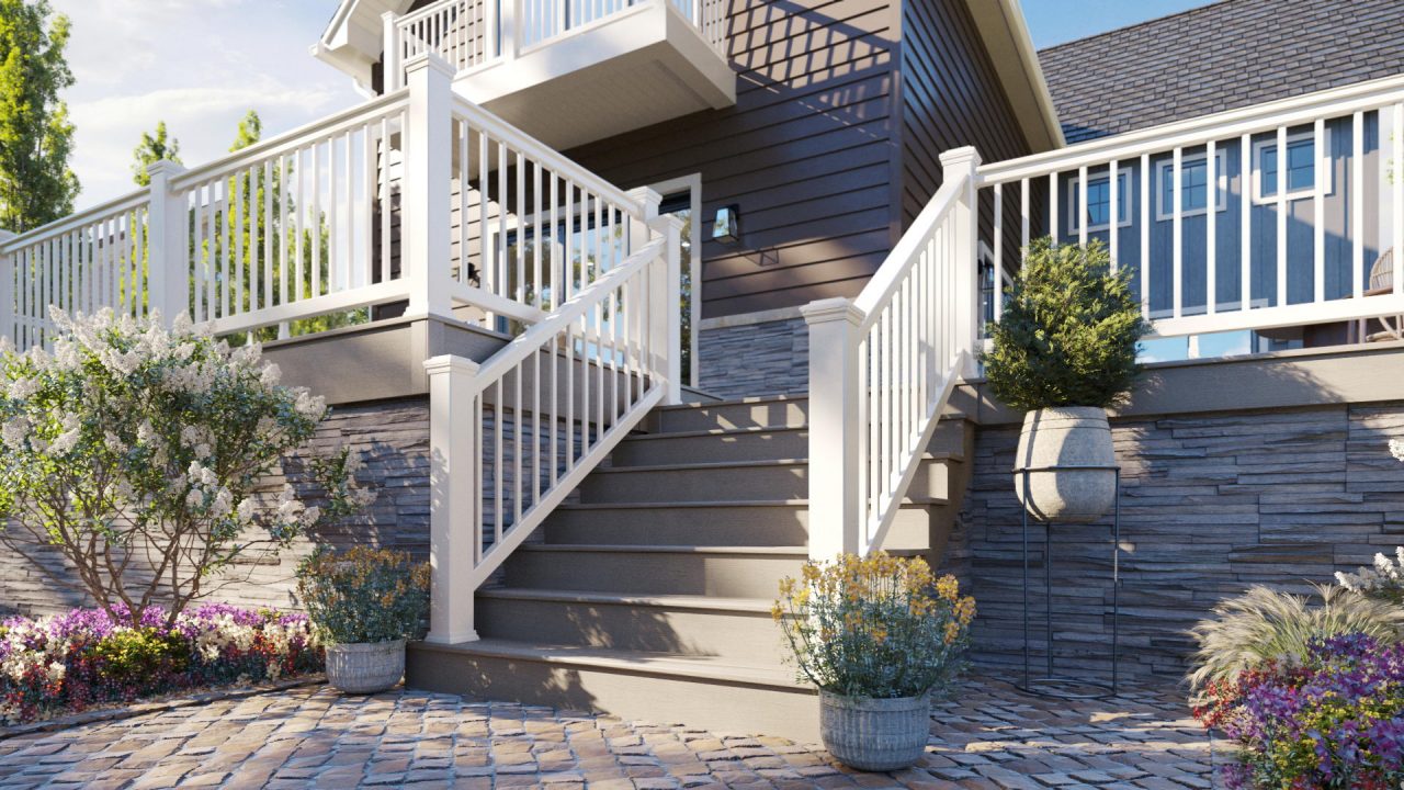 A white Trex Select T-Rail with square balusters on a gorgeous deck. 